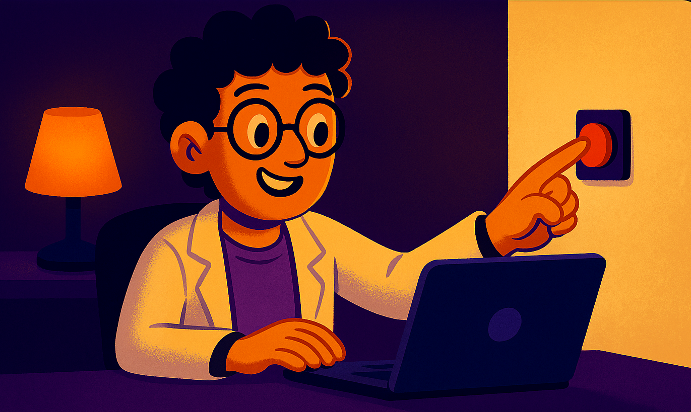 Illustration of a desk workspace with laptop and dashboards